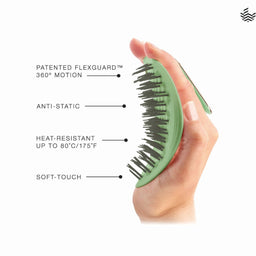 A hand holding a mint green hair detangling brush with dark bristles, shown with text callouts reading 'PATENTED FLEXGUARD 360° MOTION', 'ANTI-STATIC', 'HEAT-RESISTANT UP TO 80°C/175°F', and 'SOFT-TOUCH' on a white background.