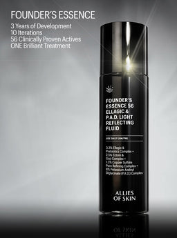 Skincare bottle labeled 'Founder's Essence' with text about development and ingredients on a gray background.