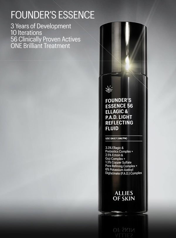 Skincare bottle labeled 'Founder's Essence' with text about development and ingredients on a gray background.