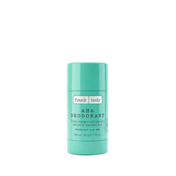 A mint green deodorant stick by frank body, labeled 'AHA DEODORANT', centered on a light gray background.