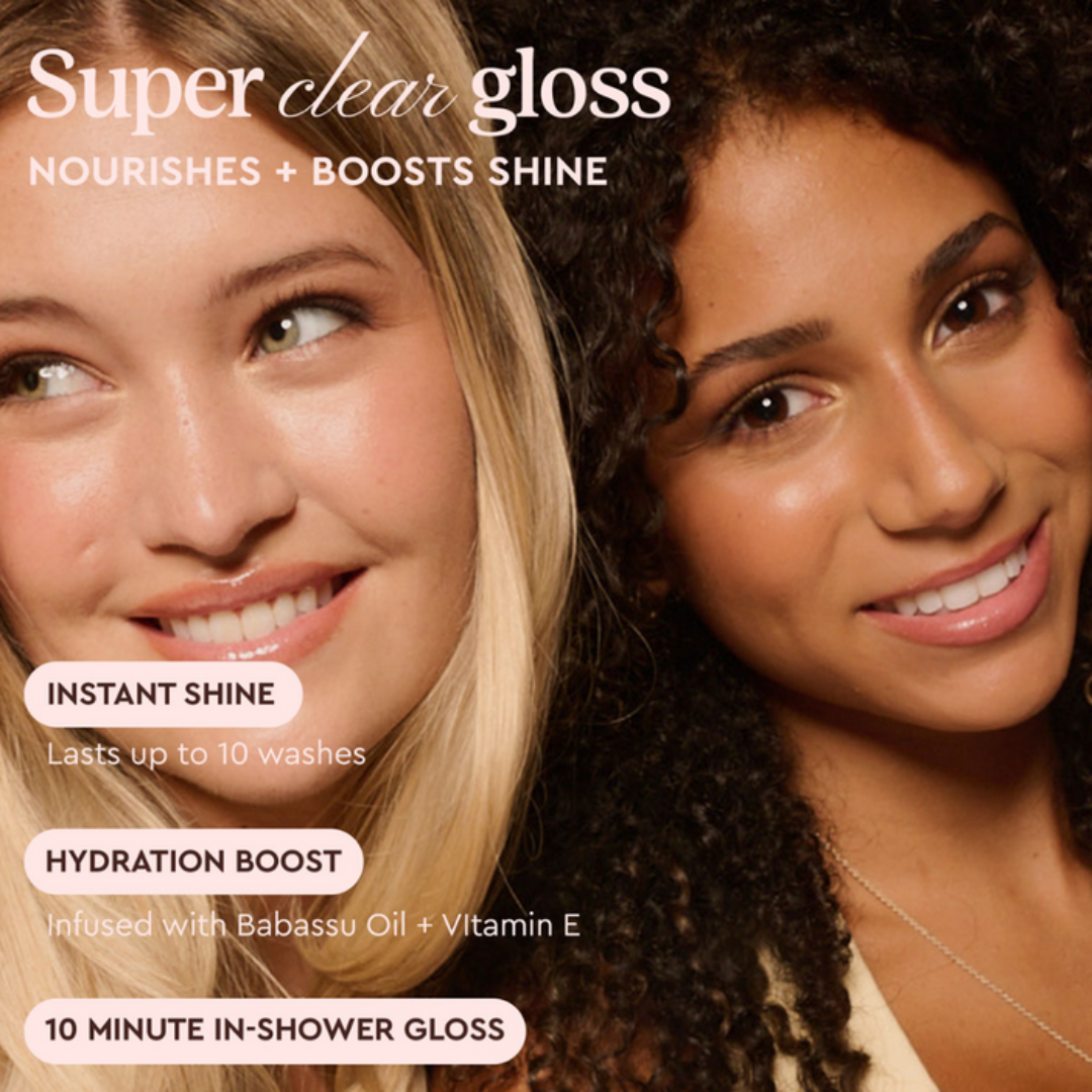 Two women with glossy skin, featuring text about a skincare product's benefits.