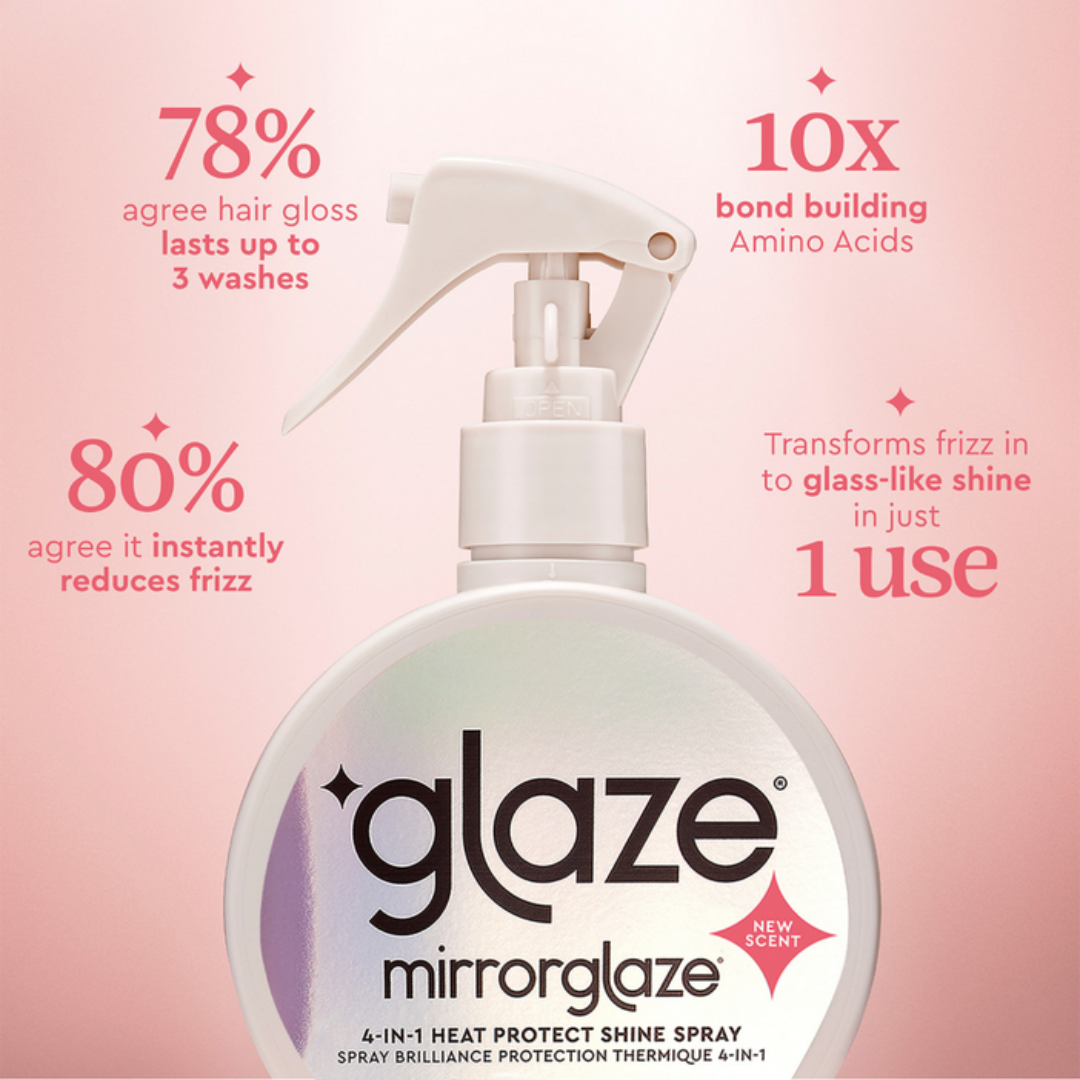 Mirrorglaze hair spray bottle with product features on a pink background