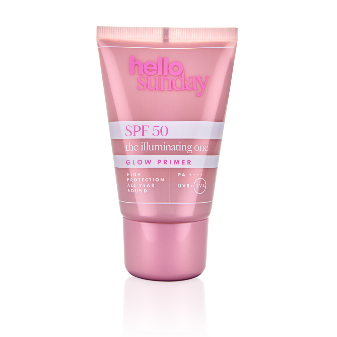 Pink tube of 'hello Sunday' SPF 50 glow primer with a Beauty Awards London 2023 bronze winner badge on a white background.