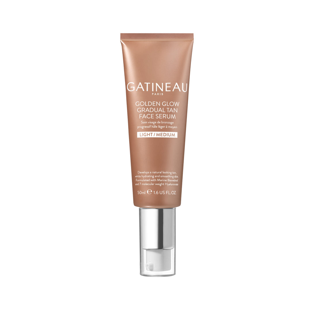 Gatineau Golden Glow Gradual Tan Face Serum in a pump bottle, indicating light/medium skin tone, 50ml size.