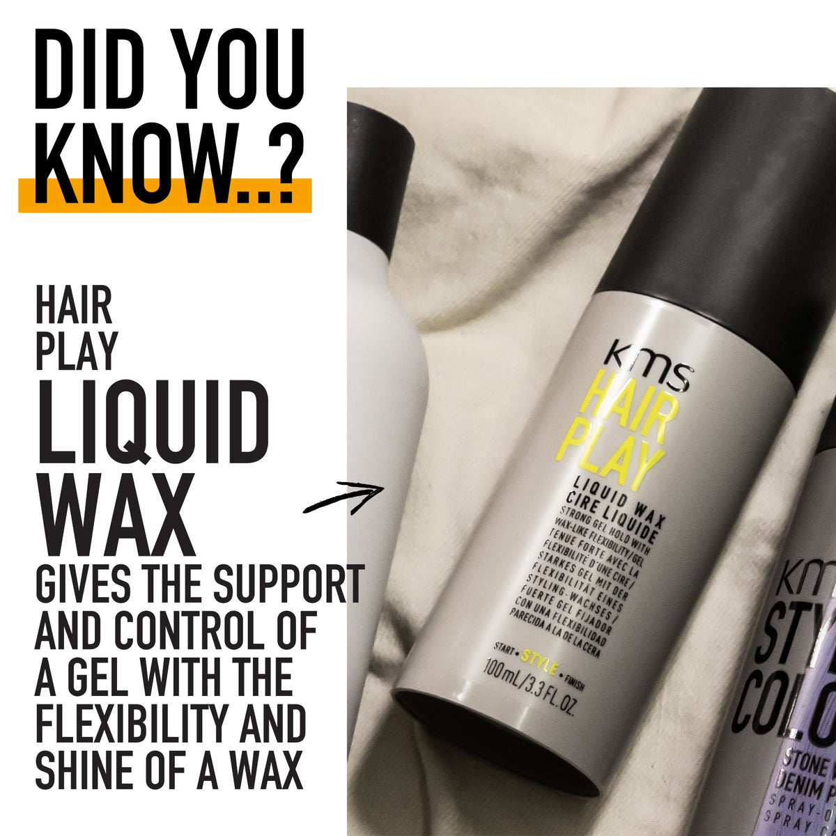 KMS Hair Play Liquid Wax bottle with text on a white background