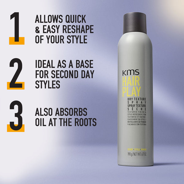 KMS Hair Play spray bottle with text highlighting its features on a gradient background
