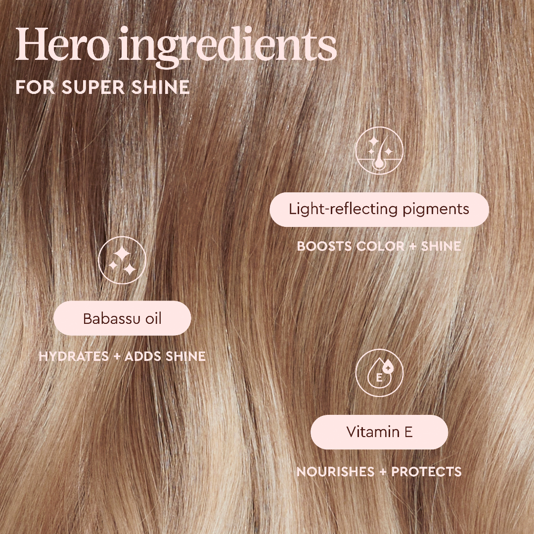 Hair with labeled ingredients for super shine, including Babassu oil, light-reflecting pigments, and Vitamin E.