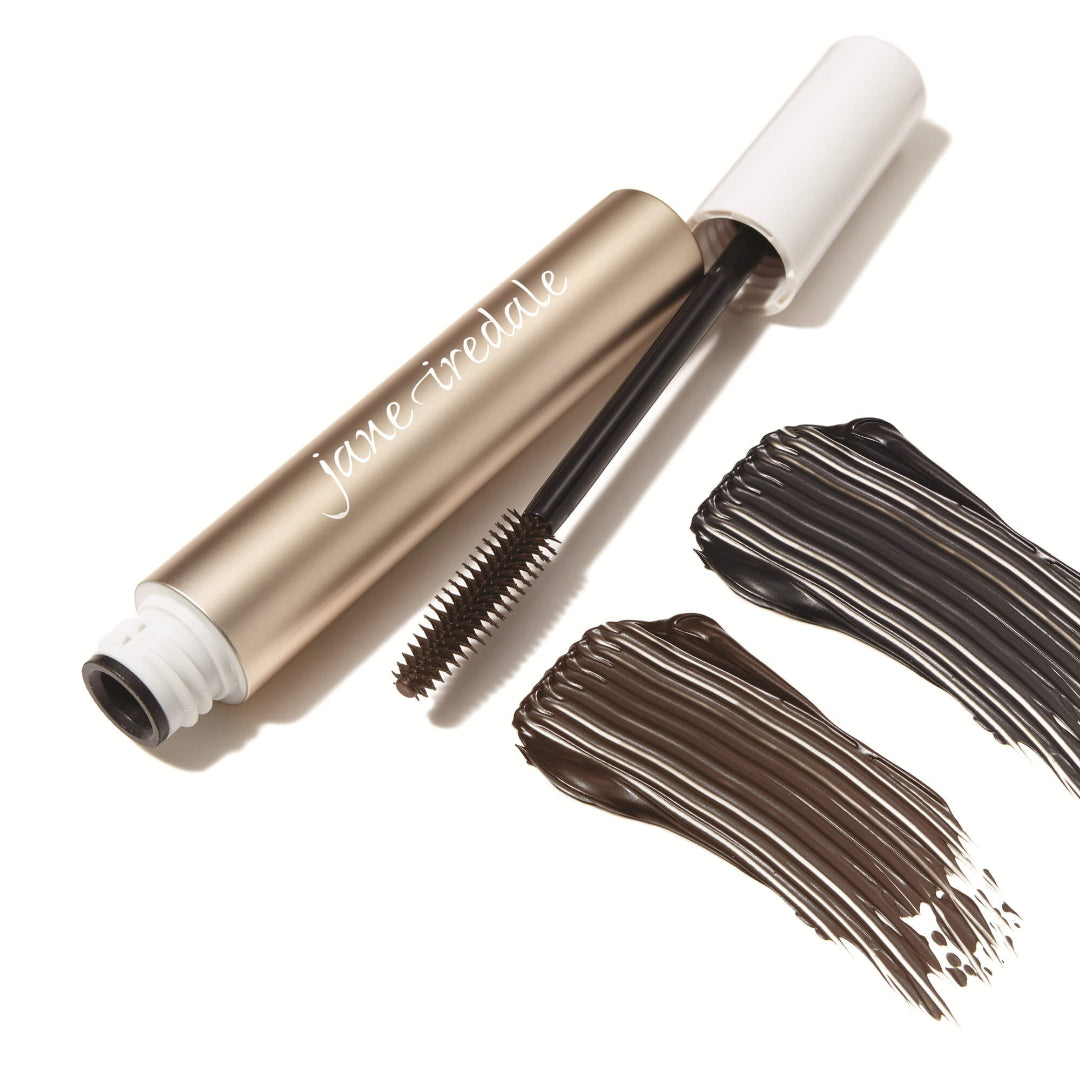 Jane Iredale brow product with applicator and color swatches on a white background