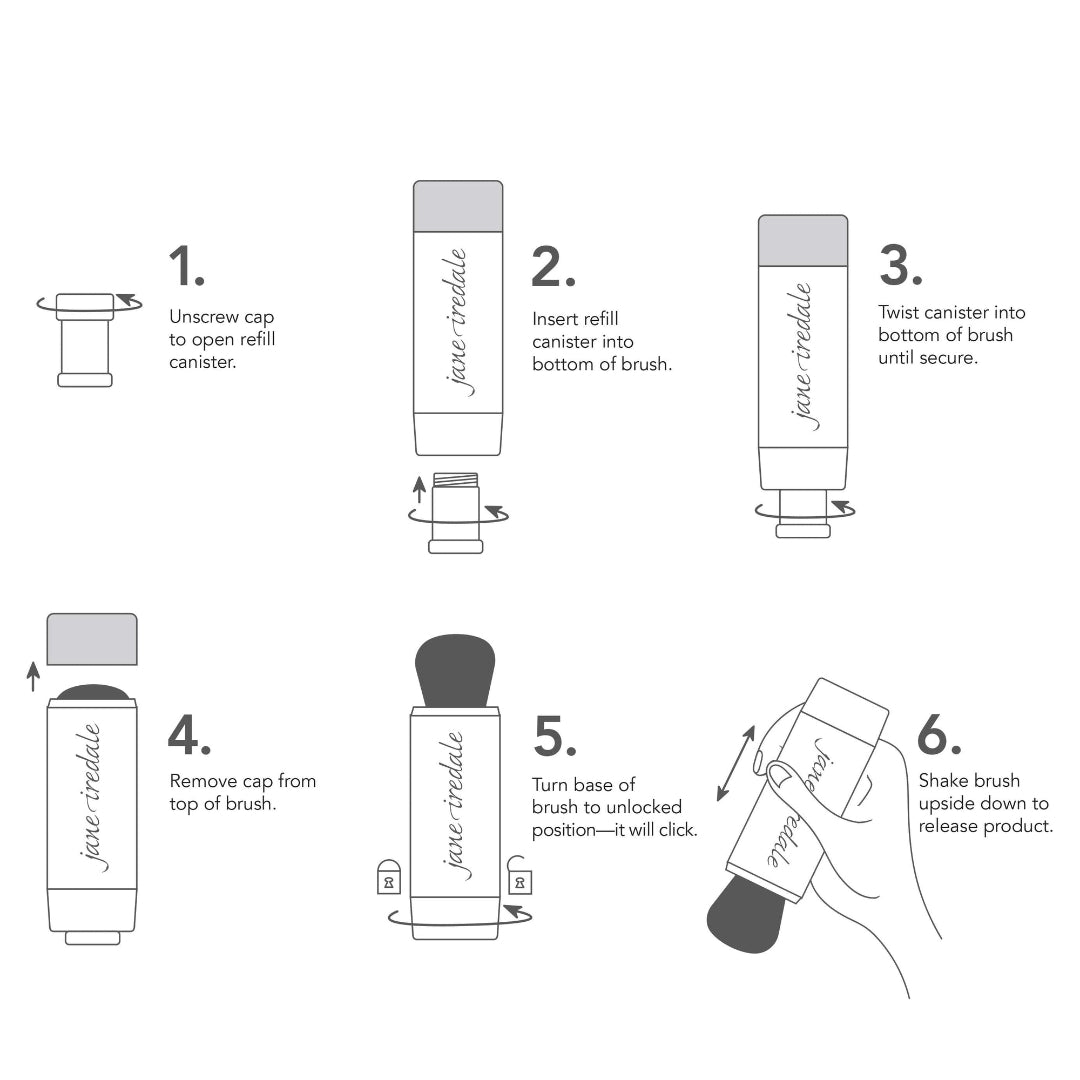 Step-by-step guide on how to use a jane iredale makeup brush with illustrations and text.