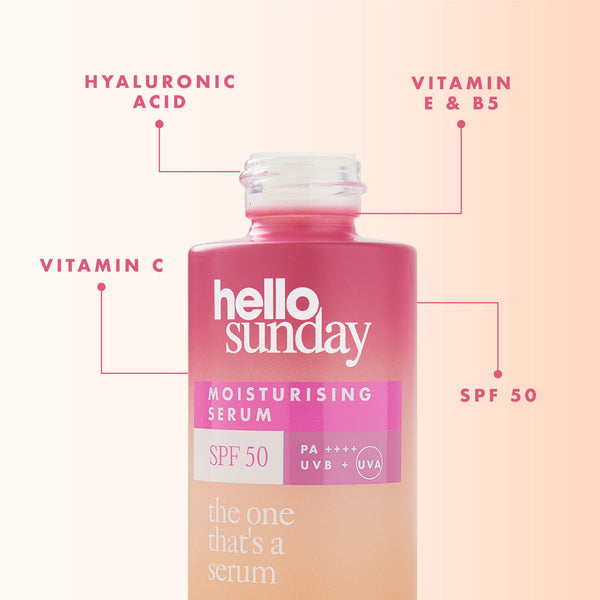 Pink bottle of 'hello sunday' moisturizing serum with text highlighting ingredients on a light pink background