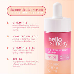 hello sunday moisturising serum bottle with product details on a light pink background