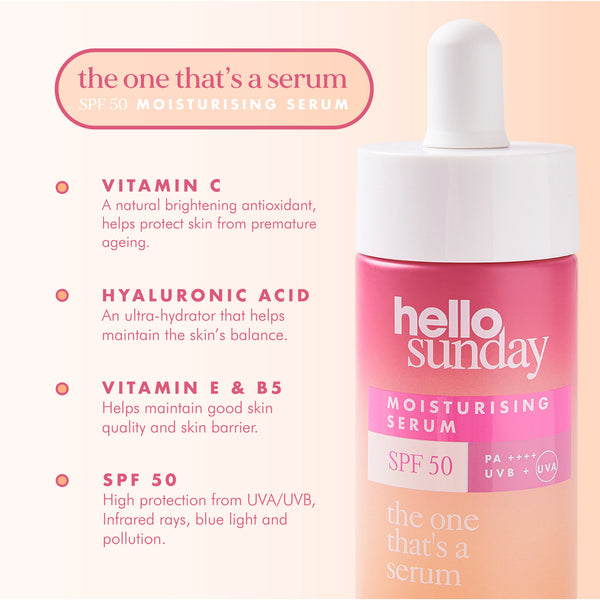 hello sunday moisturising serum bottle with product details on a light pink background