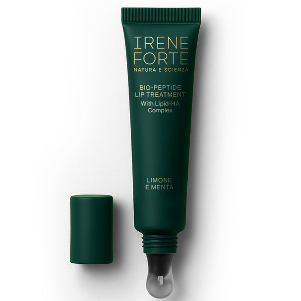 Green lip treatment tube with cap on a white background, featuring the brand 'Irene Forte'.