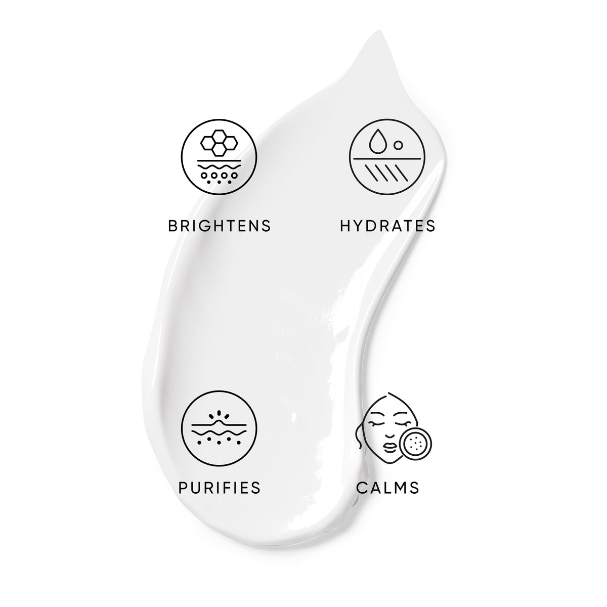 White skincare product with icons and text indicating its benefits on a white background