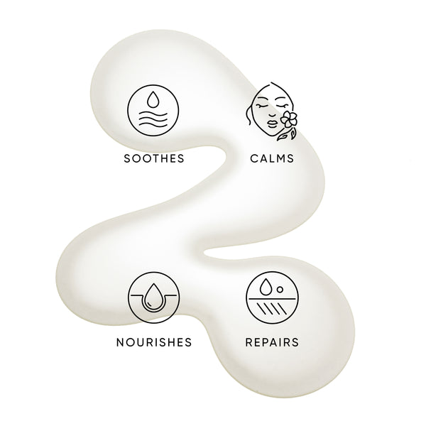 White gel-like product with icons and text indicating its benefits on a white background