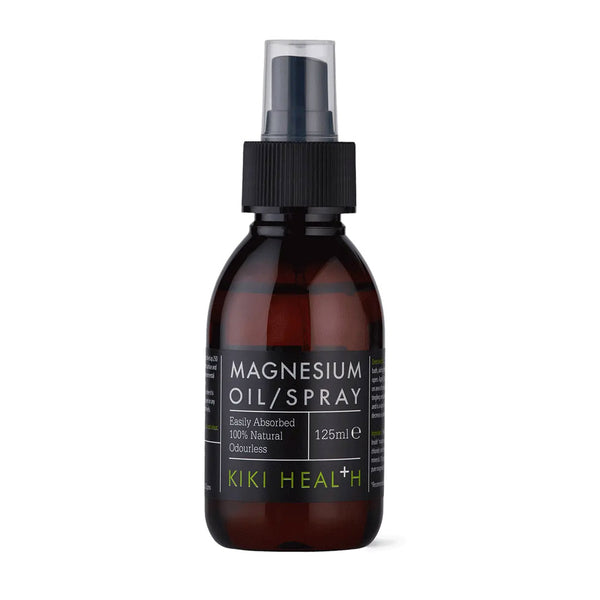 Brown spray bottle labeled 'Magnesium Oil Spray' by KIKI Health on a white background