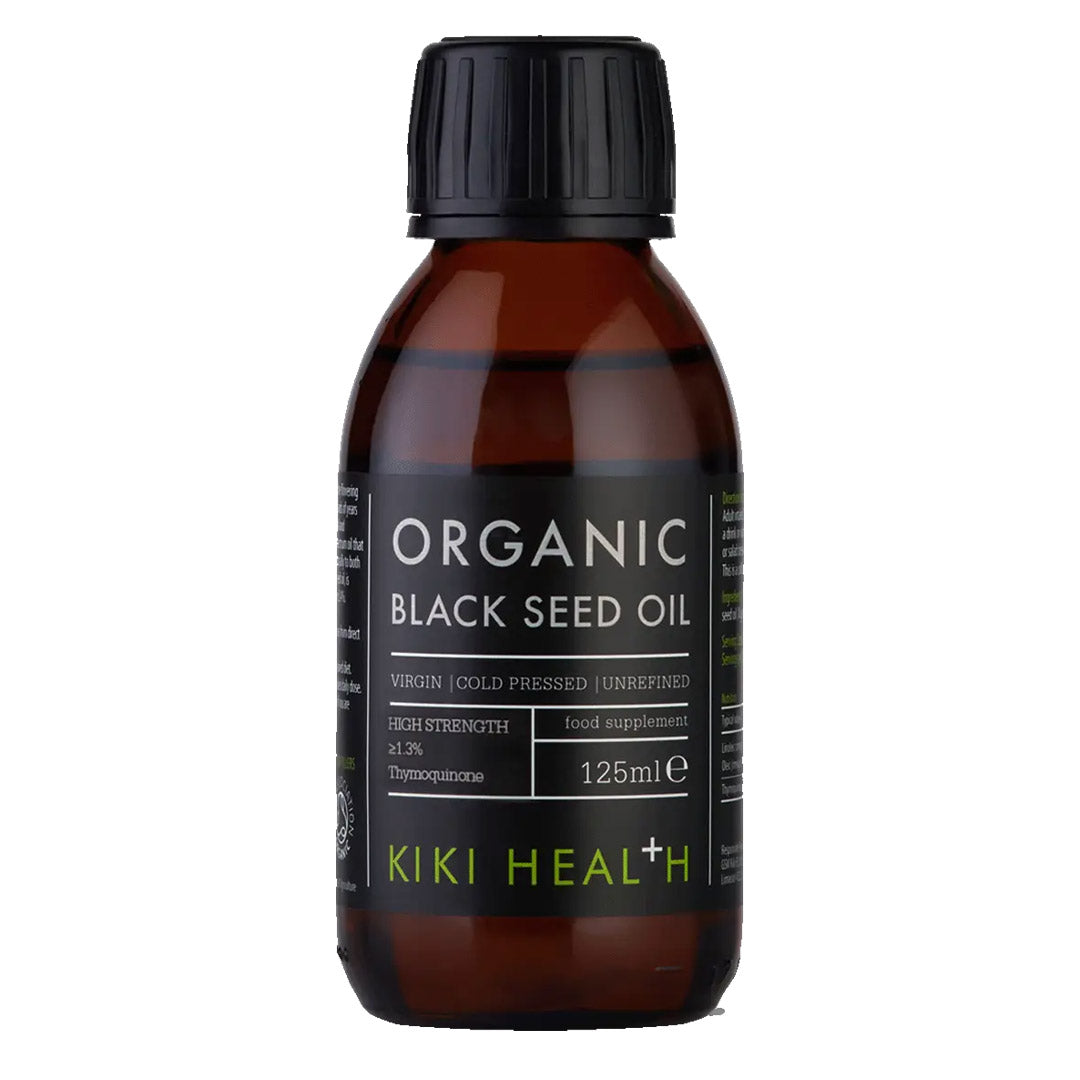 Bottle of KIKI Health Organic Black Seed Oil on a white background