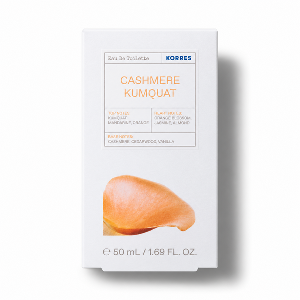 A white rectangular box of KORRES Cashmere Kumquat perfume, featuring orange text and a photo of a cashmere fruit at the bottom, set against a clean white background with a soft shadow.