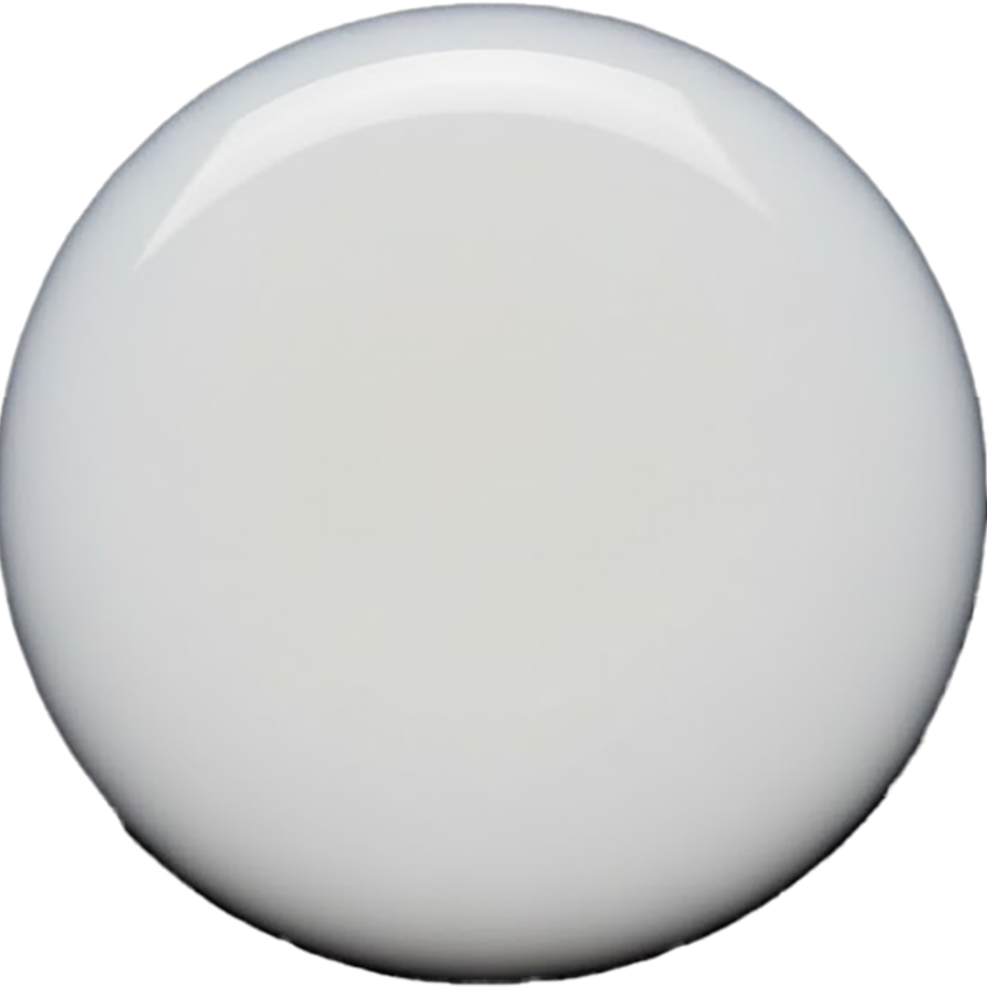 A glossy, round, off-white ceramic or acrylic knob on a solid white background.