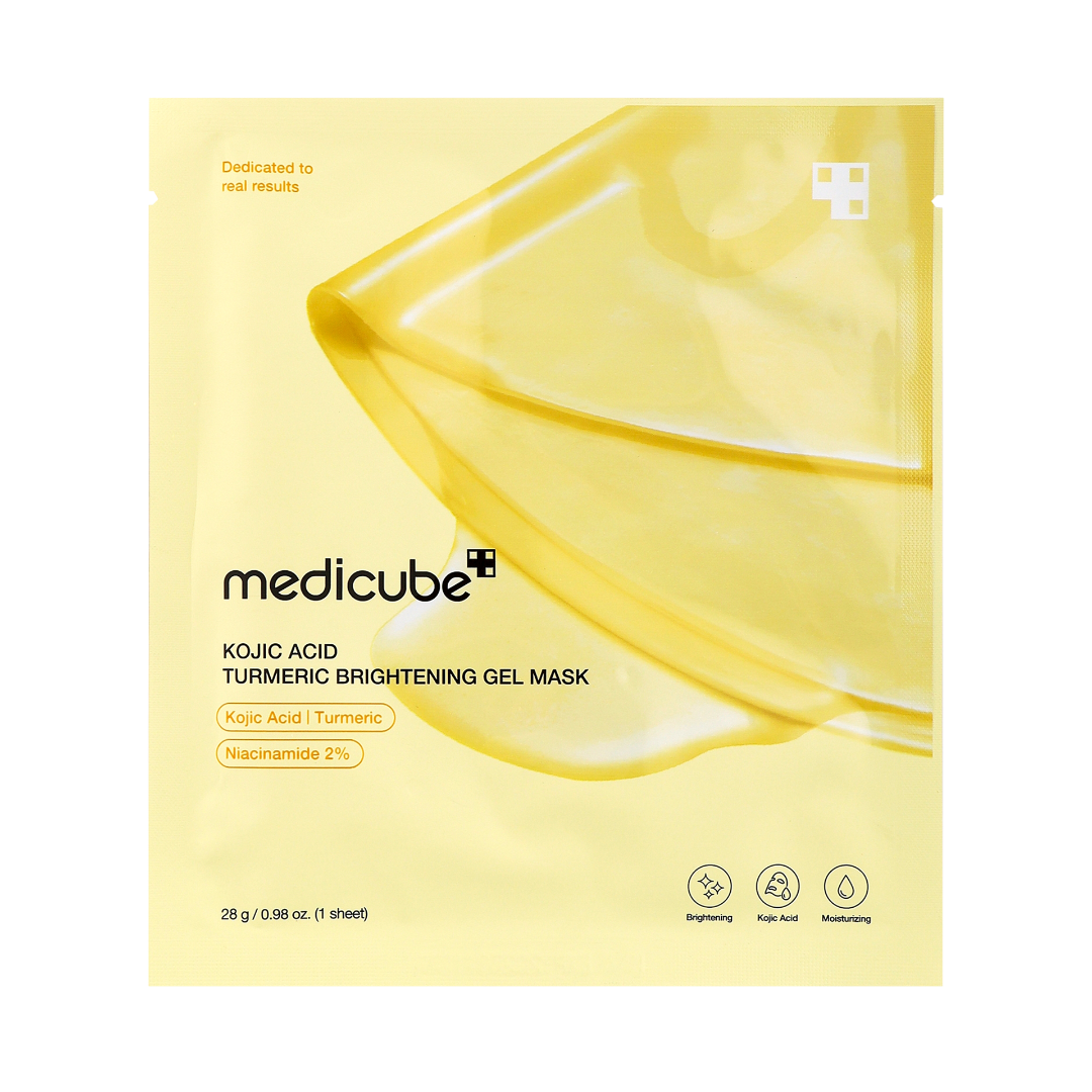 Medicube Kojic Acid Turmeric Brightening Gel Mask in a pale yellow foil packet with a translucent yellow gel mask graphic and product text.