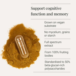 Cannabis powder with a capsule and text about cognitive function support on a white background