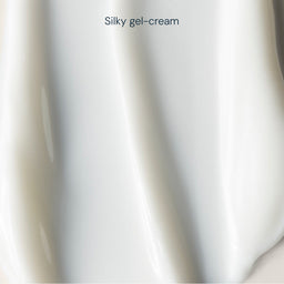 A close-up texture shot of a creamy, glossy white gel-cream with the text 'Silky gel-cream' written at the top.