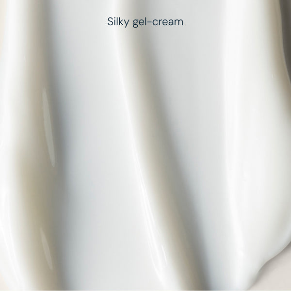 A close-up texture shot of a creamy, glossy white gel-cream with the text 'Silky gel-cream' written at the top.