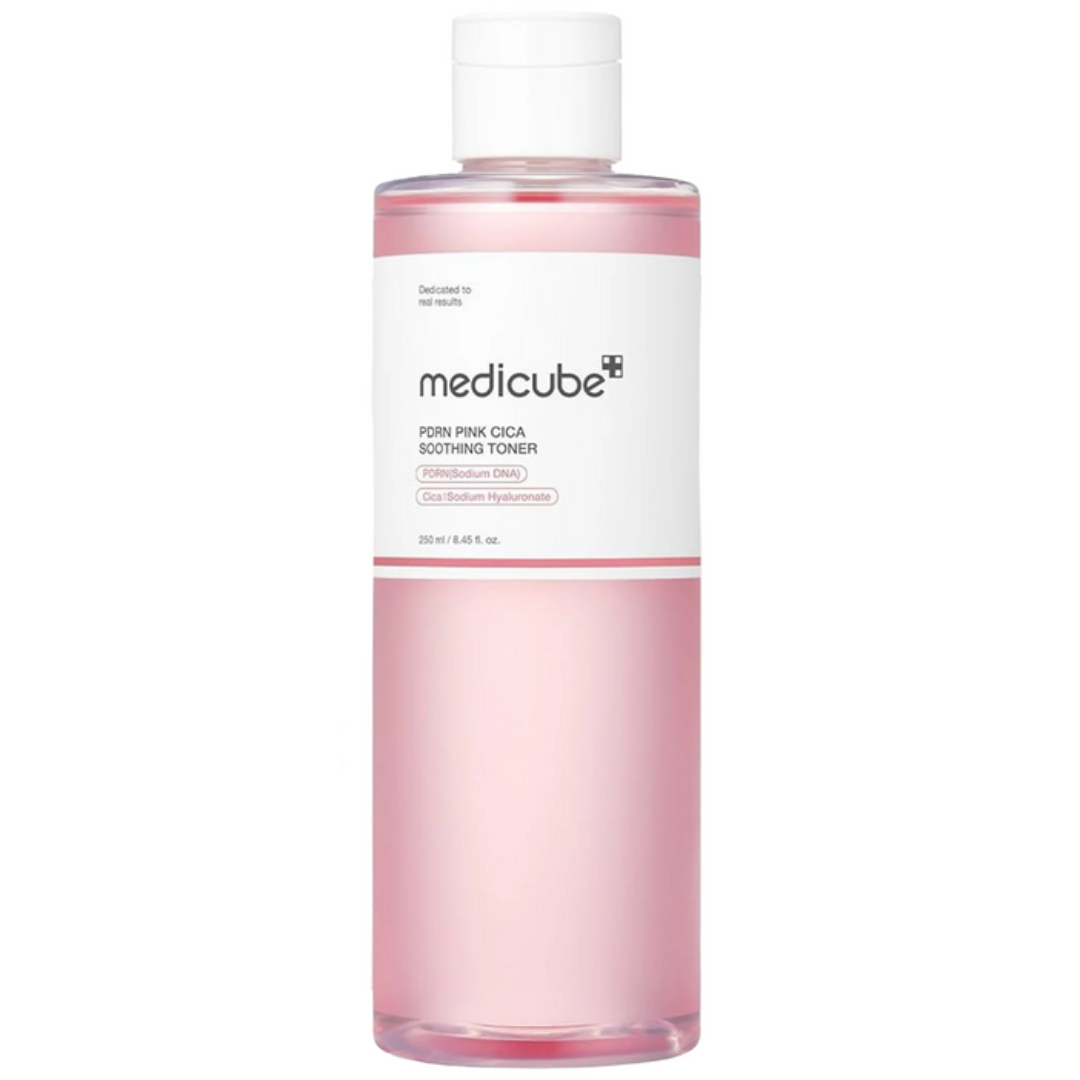 Medicube pink toner bottle on a white background
