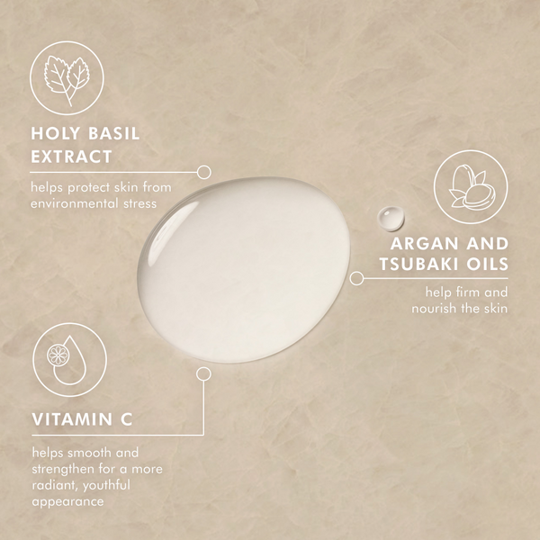 Cosmetic product with text detailing Holy Basil Extract, Argan and Tsubaki Oils, and Vitamin C benefits on a beige background.