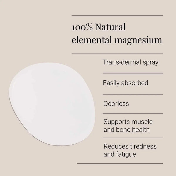 Trans-dermal spray for elemental magnesium with benefits listed on a beige background