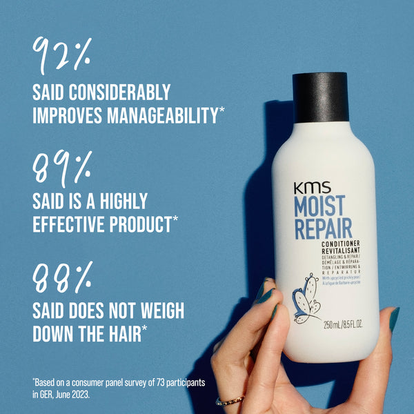 KMS Moist Repair conditioner bottle held by a hand with text on a blue background