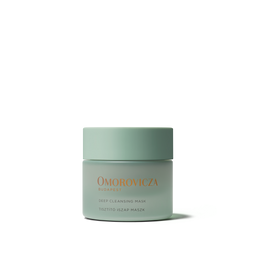 A single jar of Omorovicza Budapest Deep Cleansing Mask in a pale sage green color with gold lettering, centered on a clean white background.