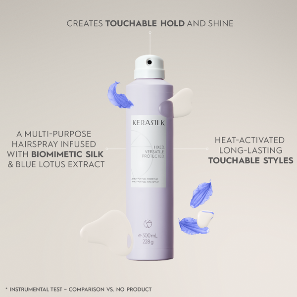 Kerasilk hairspray bottle with text on a beige background