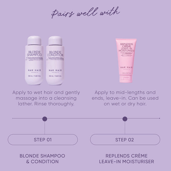 Hair care product lineup with application instructions on a purple background