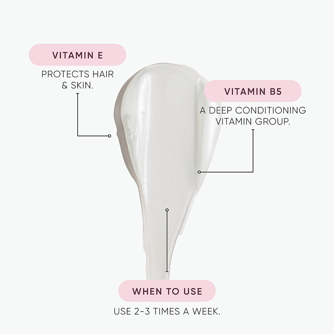 Hair care product with vitamin labels and usage instructions on a white background