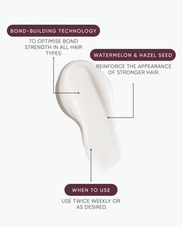 Hair product with text on bond-building technology and usage instructions.