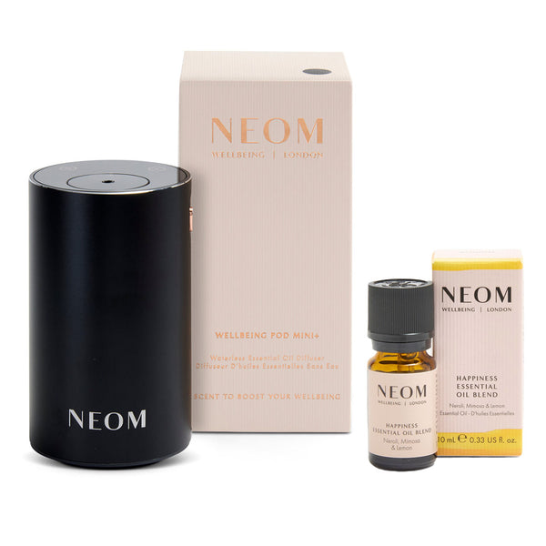 NEOM Wellbeing Pod Mini+ Waterless Essential Oil Diffuser - Black and Happiness Essential Oil Blend Duo