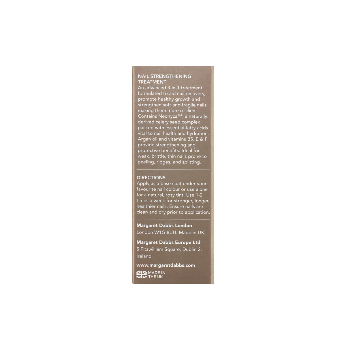 Nail strengthening treatment packaging with text on a white background
