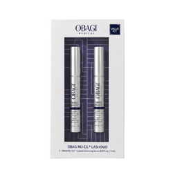 Obagi Medical Value Out Obagi Nu-Cil Lash Duo in a white rectangular box with a clear window showing two silver cosmetic tubes, photographed on a light gray background.