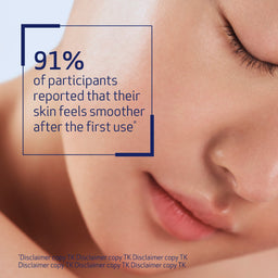 Close-up of a person's face with text about skin smoothness improvement after use.