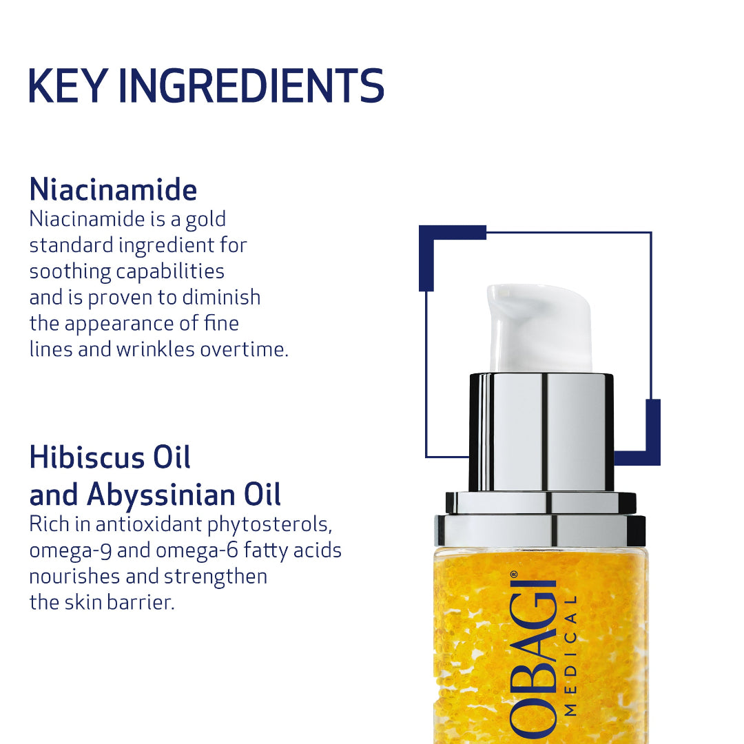OBAGI skincare product with key ingredients text on a white background