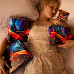 A woman lying on a bed surrounded by colorful 'thisworks' dream catcher boxes and packaging, with one box held in each hand.