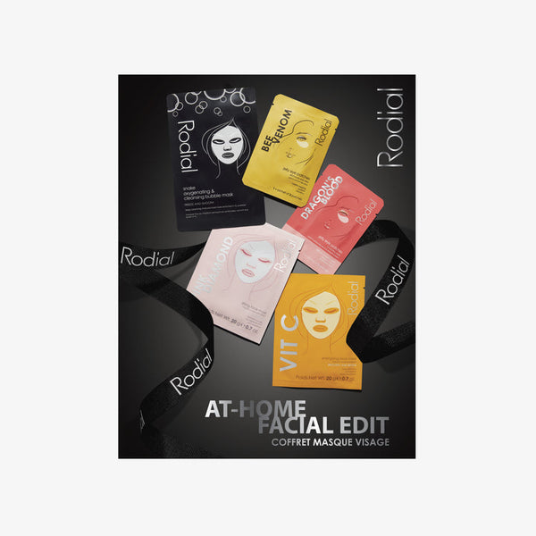 Collection of Rodial facial masks on a black background with brand name visible