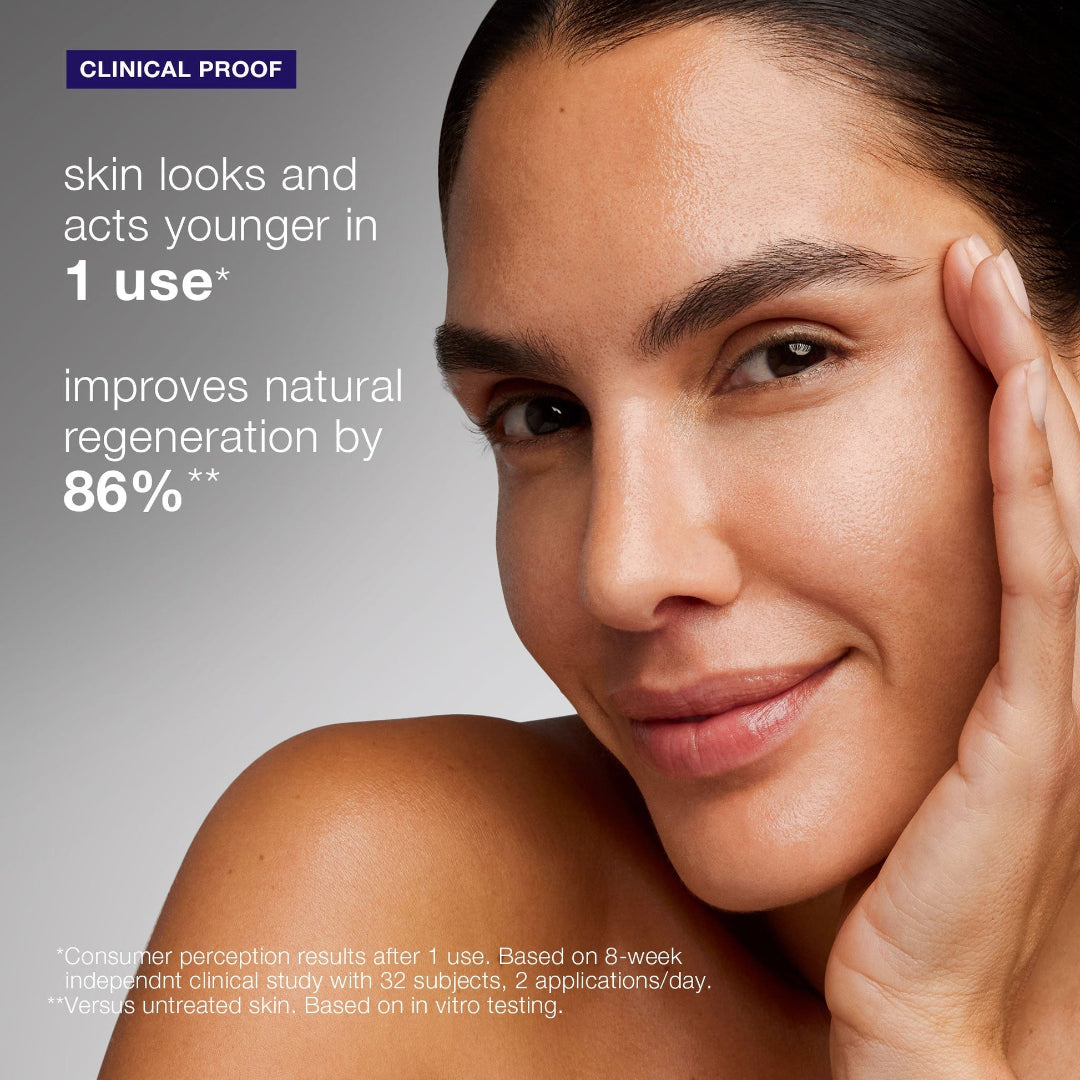 Woman with smooth skin touching her face, clinical proof text on a gray background