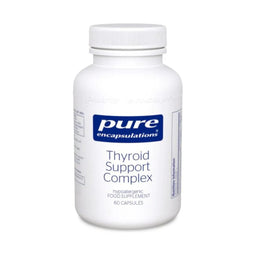 A white plastic bottle of Pure Encapsulations Thyroid Support Complex dietary supplement, containing 60 capsules, shown on a plain white background.