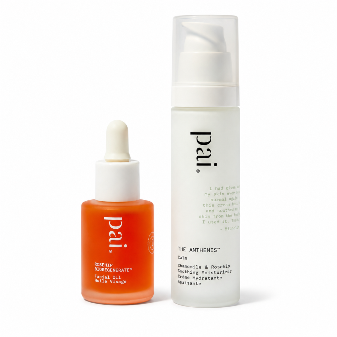 Two skincare products from the brand pai on a clean white background: a white pump bottle of The Anthems Calm soothing moisturizer and an orange dropper bottle of Rosehip Restorative facial oil.