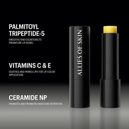Two black cosmetic tubes on a dark studio background, one closed with vertical 'ALLIES OF SKIN' text and one open showing a yellow lip balm stick. White text on the left lists ingredients: PALMITOYL TRIPEPTIDE-5, VITAMINS C & E, CERAMIDE NP.