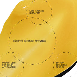 A close-up of a glossy yellow cosmetic smear with dotted circles and text reading 'LONG-LASTING HYDRATION,' 'PROMOTES MOISTURE RETENTION,' 'PRIMES LIPS FOR COLOR APPLICATION,' and 'BUTTERY, BUILDABLE TEXTURE.'.