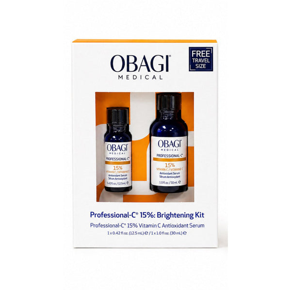 Obagi Medical Professional-C 15% Brightening Kit in a white and orange retail box, containing two dark blue serum bottles with black caps, on a white background.