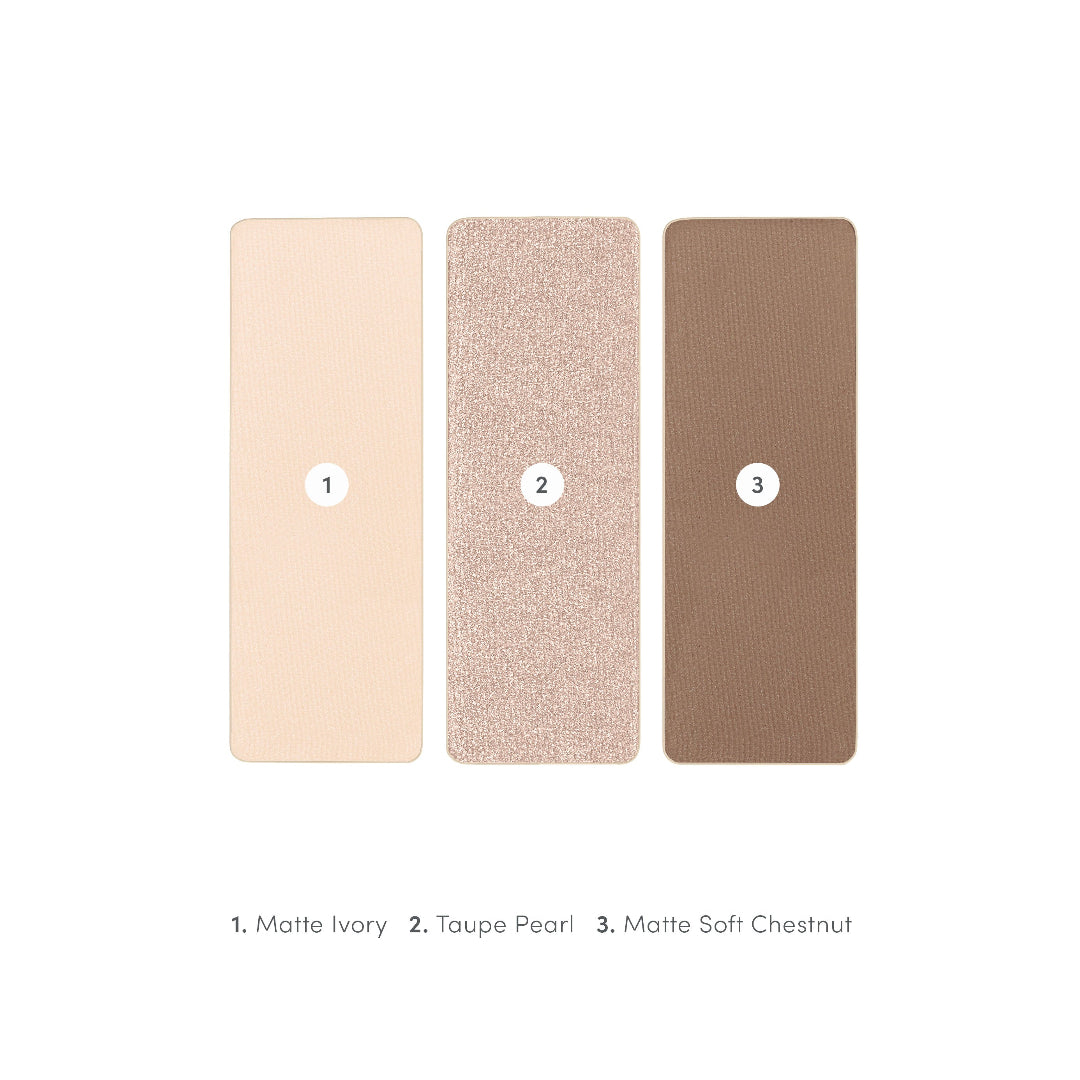 Three rectangular makeup pans or color swatches labeled 1, 2, and 3 on a white background, with text below reading '1. Matte Ivory 2.